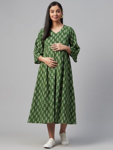 anayna Women Green & Off-White Printed Maternity A-Line Dress