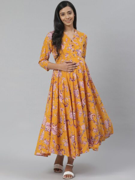 anayna Women Mustard Yellow & Purple Floral Printed Pure Cotton Maternity A-Line Dress