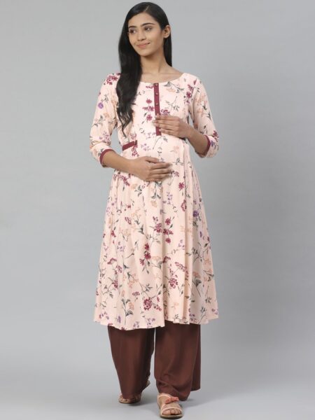 anayna Women Peach-Coloured & Burgundy Floral Print A-Line Maternity Kurta