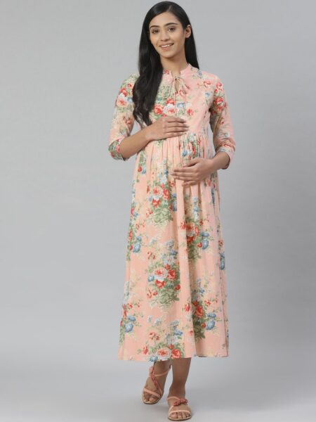 anayna Women Peach-Coloured & Green Floral Printed Pure Cotton Maternity A-Line Dress