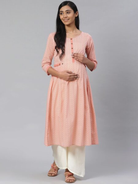 anayna Women Peach-Coloured & Off-White Printed Pure Cotton Feeding Maternity A-Line Kurta