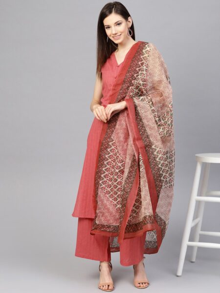 anayna Women Pink Self-Striped Kurta with Trousers & Dupatta