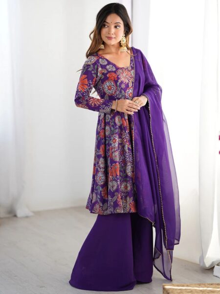 Purple Color Roman Silk Discharge Printed Plazzo Suit