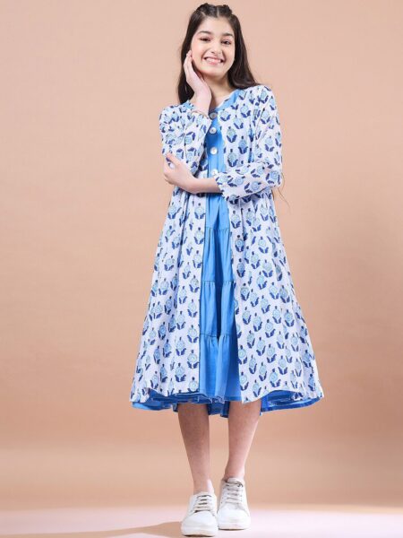 pspeaches Girls Floral Print Round Neck Sleeveless Tiered Midi Fit & Flared Cotton Dress