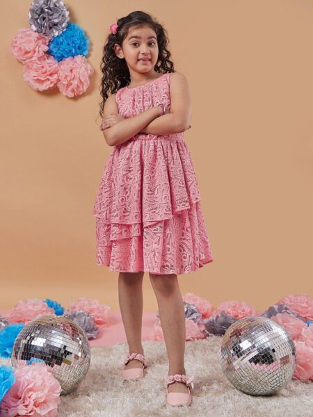 pspeaches Girls Self Design Round Neck A-Line Dress