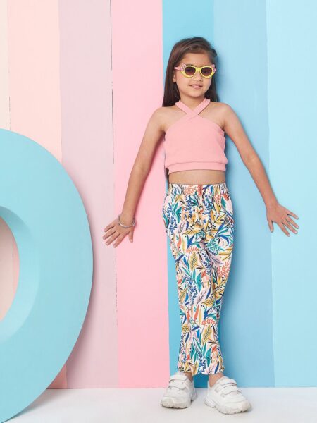 pspeaches Girls Sleeveless Top With Tropical Printed Trouser