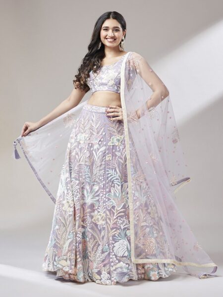 Net Multi-Sequins Work Semi-Stitched Lehenga Lavender