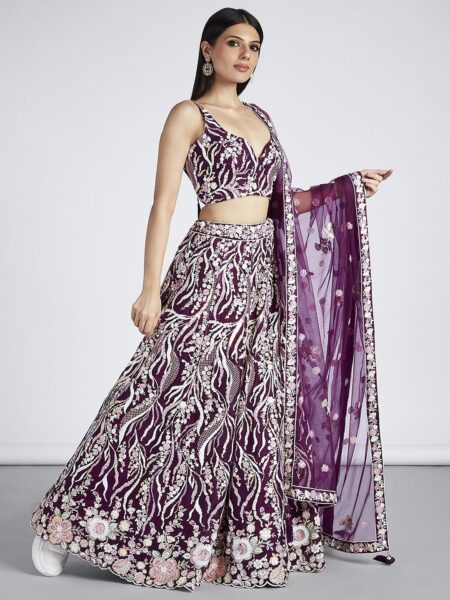 Burgundy Net Sequins and thread embroidery Semi-Stitched Lehenga choli & Dupatta