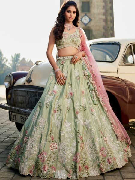 LIMEGREEN - Satin Silk Fabric Sequins Embroidery Semi-Stitched Lehenga Choli & Dupatta