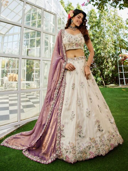PURPLE - Tissue Fabric with Sequinse & Thread embroidery Semi-Stitched Lehenga choli & Dupatta
