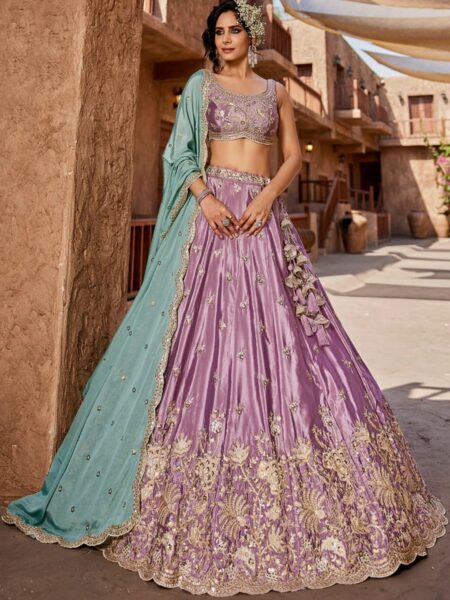 LAVENDER - Satin Silk Fabric Sequins Embroidery Semi-Stitched Lehenga Choli & Dupatta