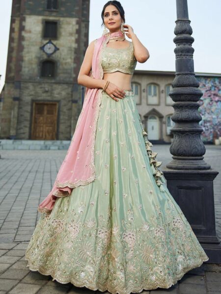 LIMEGREEN - Satin Silk Fabric Sequins Embroidery Semi-Stitched Lehenga Choli & Dupatta