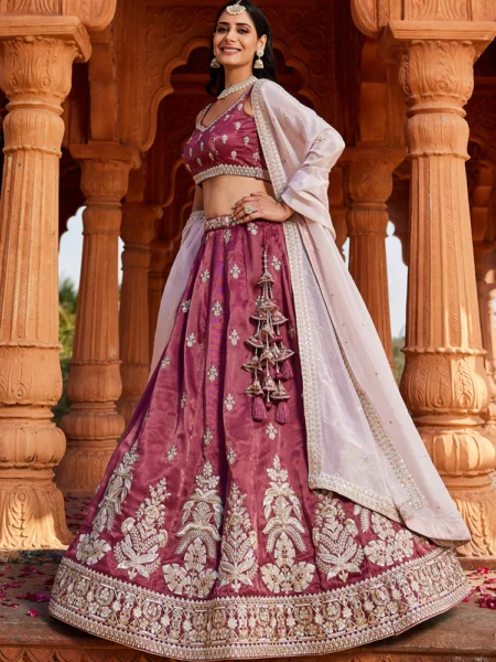 Burgundy- Tissue Fabric Sequins embroidery Semi-Stitched Lehenga & Unstitched Blouse With Dupatta