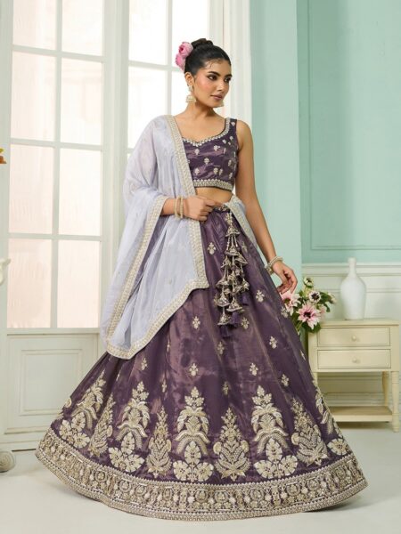 Purple- Tissue Fabric Sequins embroidery Semi-Stitched Lehenga & Unstitched Blouse With Dupatta