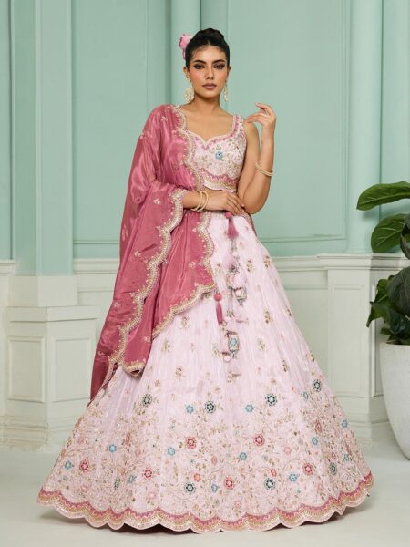 Pink- Tissue Fabric Sequins embroidery Semi-Stitched Lehenga & Unstitched Blouse With Dupatta