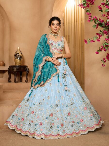 Turquoiseblue- Tissue Fabric Sequins embroidery Semi-Stitched Lehenga & Unstitched Blouse With Dupatta