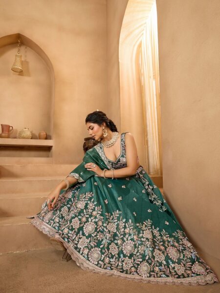 Green- Tissue Fabric Sequins embroidery Semi-Stitched Lehenga & Unstitched Blouse With Dupatta