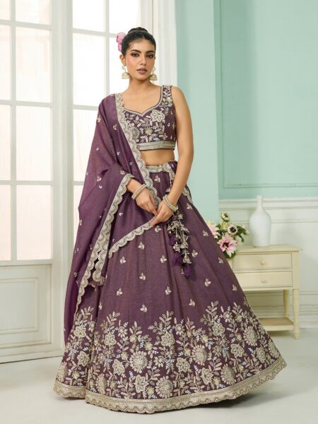 Purple- Tissue Fabric Sequins embroidery Semi-Stitched Lehenga & Unstitched Blouse With Dupatta