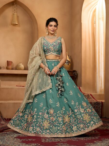 Green- Georgette Fabric Sequins embroidery Semi-Stitched Lehenga & Unstitched Blouse With Dupatta