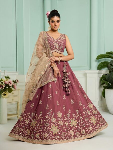 Rosegold- Georgette Fabric Sequins embroidery Semi-Stitched Lehenga & Unstitched Blouse With Dupatta