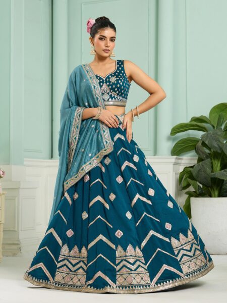 Teal- Silk Fabric Sequins embroidery Semi-Stitched Lehenga & Unstitched Blouse With Dupatta