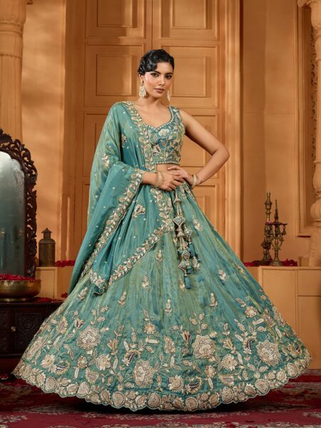 Green- Tissue Fabric Sequins embroidery Semi-Stitched Lehenga & Unstitched Blouse With Dupatta