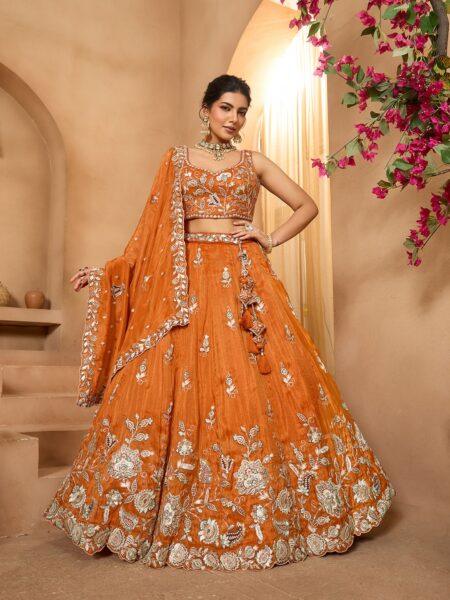 Orange- Tissue Fabric Sequinse embroidery Semi-Stitched Lehenga & Unstitched Blouse With Dupatta