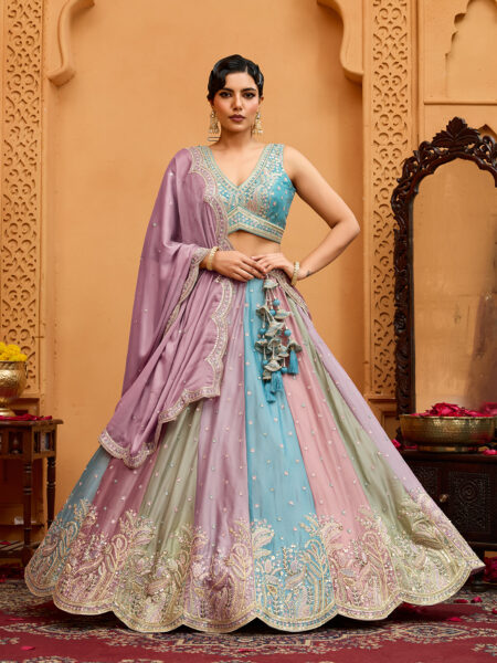 PEACH- Georgette Fabric Sequins embroidery Semi-Stitched Lehenga & Unstitched Blouse With Dupatta