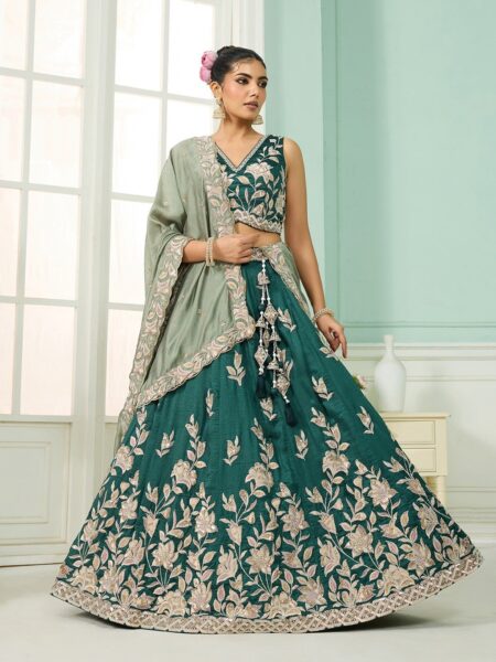Green- Silk Fabric Sequins embroidery Semi-Stitched Lehenga & Unstitched Blouse With Dupatta
