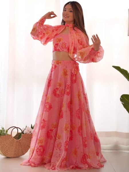 Beautiful Pink Floral Print Organza Party Wear Lehenga With Blouse