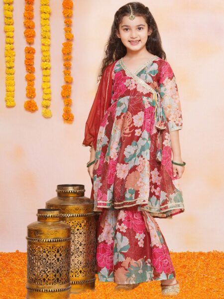 Bitiya by Bhama Girls Floral Printed Angrakha Gotta Patti Kurta & Sharara With Dupatta