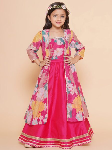 Bitiya by Bhama Girls Floral Printed Ready to Wear Lehenga & Blouse With Shrug