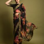 Black Georgette Chiffon Floral Print & Embroidery Saree with Blouse Piece