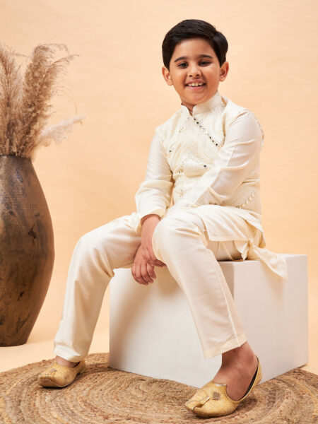 Boy's Cream Mirror Work Jacket And Solid Kurta Pyjama Set