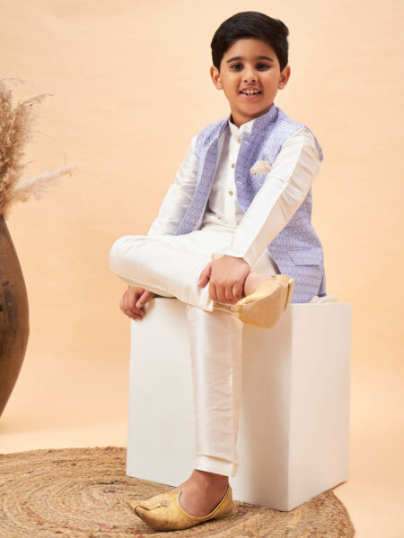 Boy's Lavender Woven Jacket With Cream Kurta And Pyjama Set