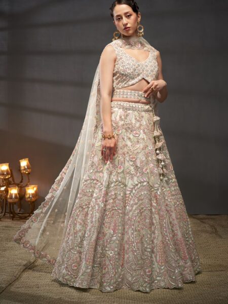Cream - Rakul Preet Wear Wedding Multi Sequins Heavy Zarkan Net Embroidered Semi-Stitched Bridal Lehenga choli