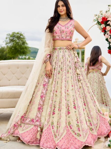 Cream- Tissue Fabric Sequins embroidery Semi-Stitched LehengaUnstitched Blouse With Dupatta
