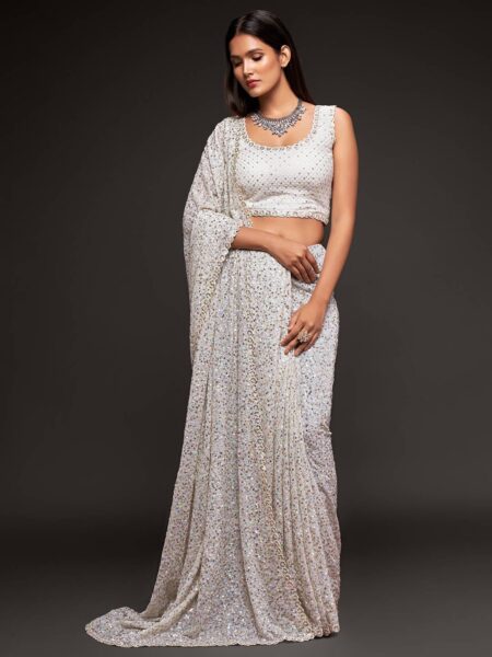 FABPIXEL Embellished Sequinned Pure Georgette Saree