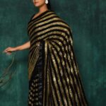 Golden Colour Heavy Sequence Work All Over Blooming Georgette Black Fancy Saree with Unstitched Blouse