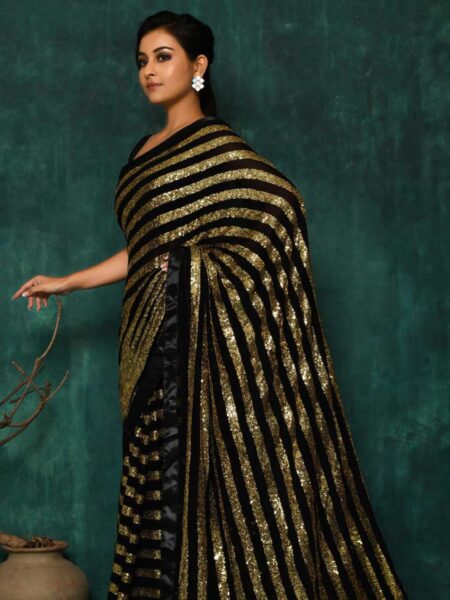 Golden Colour Heavy Sequence Work All Over Blooming Georgette Black Fancy Saree with Unstitched Blouse