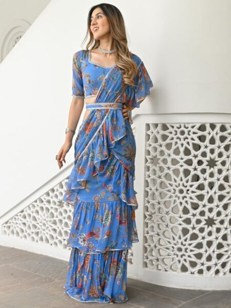 Lavanya The Label Blue & Brown Floral Printed Ruffled Ready To Wear Saree