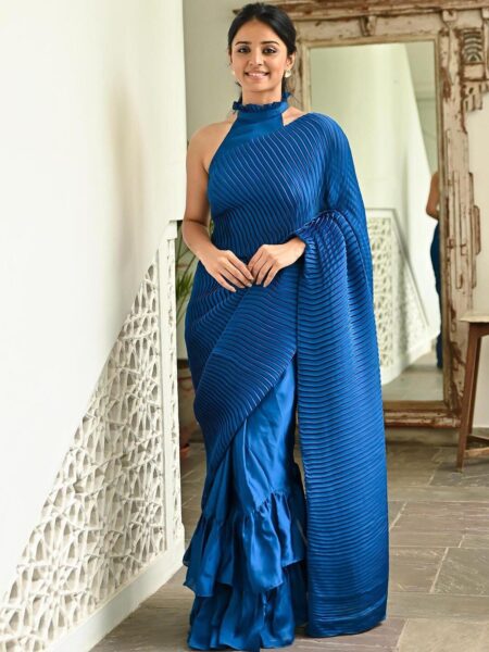 Lavanya The Label Blue Satin Fusion Saree