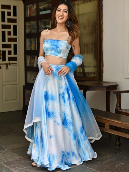 Lavanya The Label Blue & White Dyed Ready to Wear Lehenga & Blouse With Dupatta