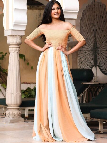 Lavanya The Label Colourblocked Off-Shoulder Georgette Maxi Dress