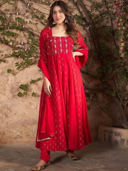 Lavanya The Label Embroidered Georgette Anarkali Kurta with Churidar & With Dupatta
