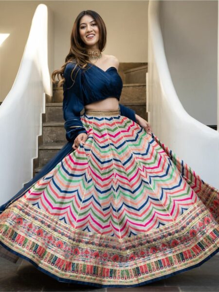 Lavanya The Label Multicoloured & Blue Ready to Wear Lehenga & Blouse With Dupatta