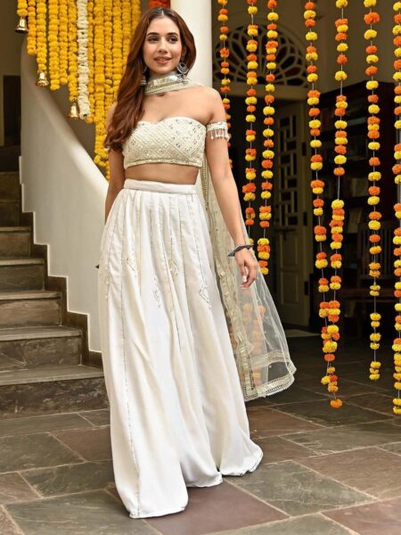 Lavanya The Label Off White & Gold-Toned Embellished Mirror Work Ready to Wear Lehenga & Blouse With Dupatta