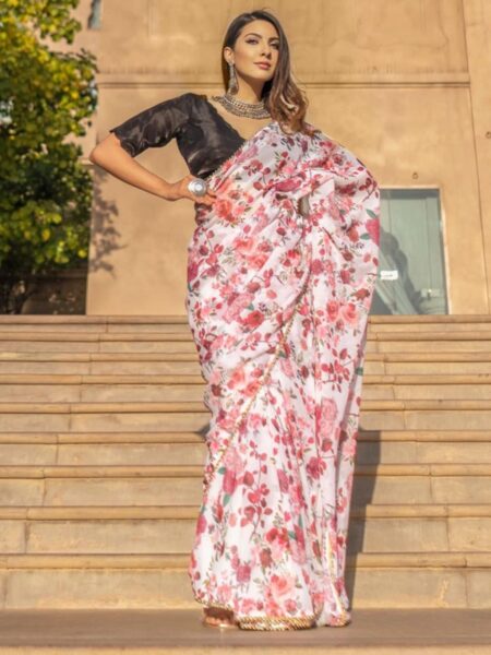 Lavanya The Label Off White & Red Floral Saree