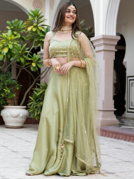 Lavanya The Label Olive Green Embroidered Ready to Wear Lehenga & Blouse With Dupatta