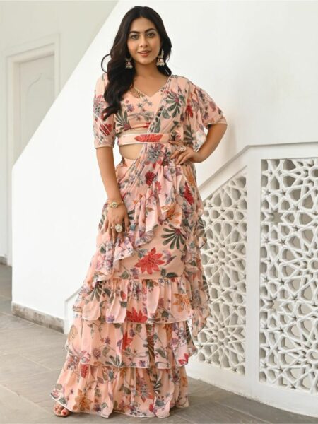 Lavanya The Label Peach-Coloured Floral Printed Ready To Wear Ruffle Saree